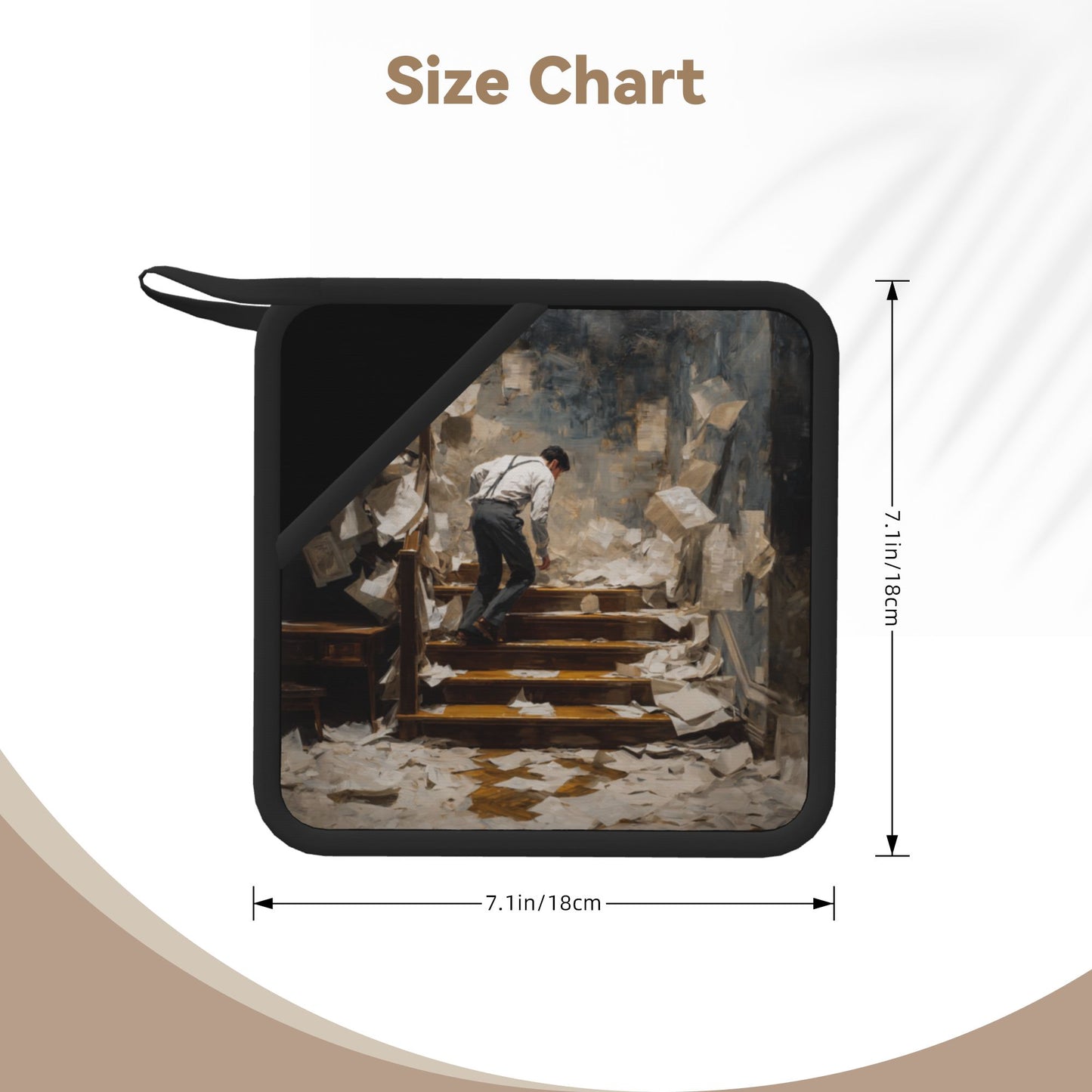 2-Pack Artistic Literary Heat-Resistant Pads | Man on Staircase with Flying Papers Print | 7.1x7.1in Square Non-Slip Kitchen & Desk Mats