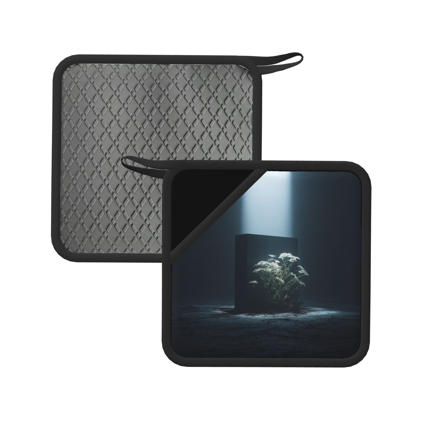 2-Pack Minimalist Mystical Heat-Resistant Pads | Botanical Spotlight on Stone Monolith Art Print | 7.1x7.1in Square Non-Slip Kitchen Counter Mats