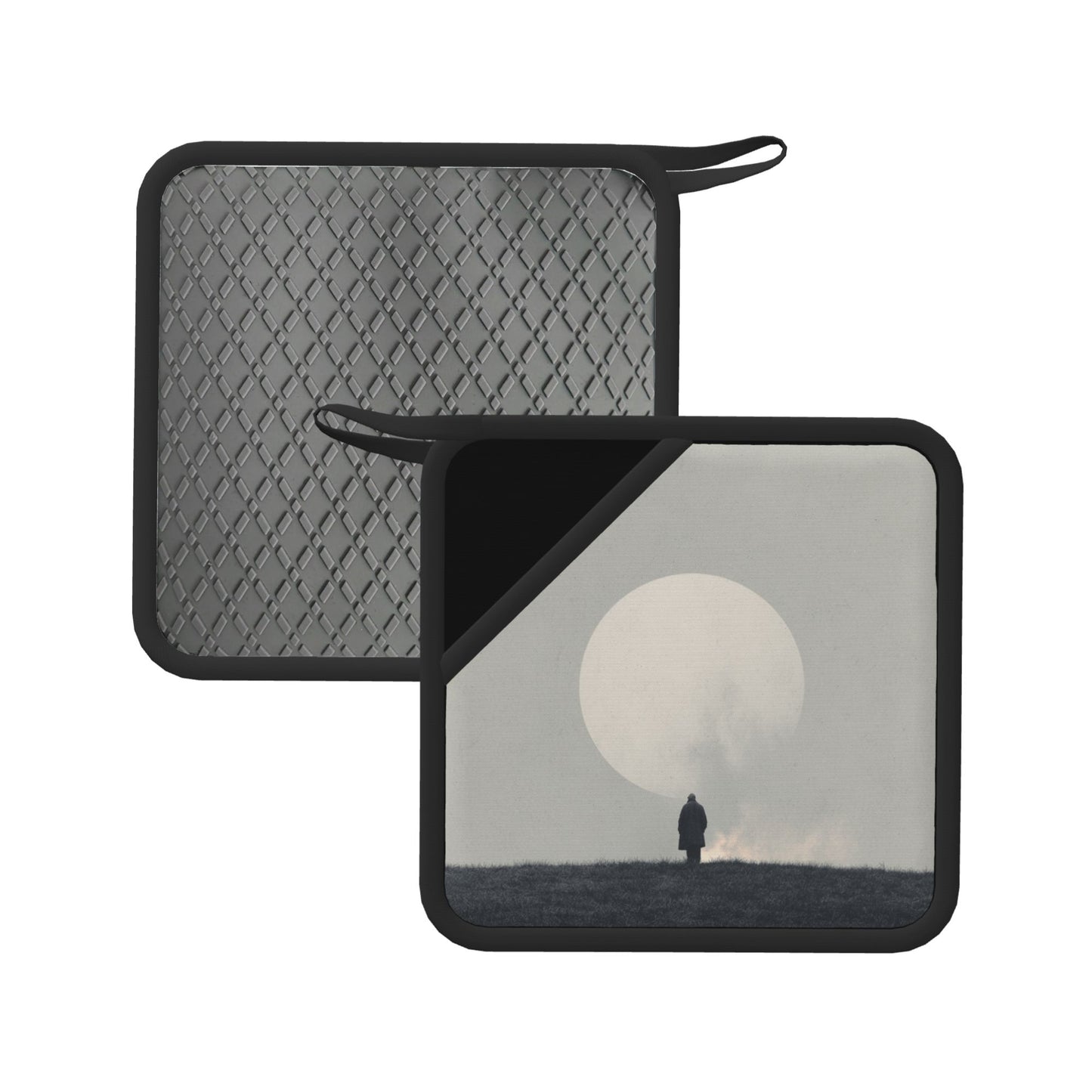 2-Pack Minimalist Thoughtful Heat-Resistant Pads | Lone Figure Under Moon Print | 7.1x7.1in Artistic Square Non-Slip Kitchen Mats