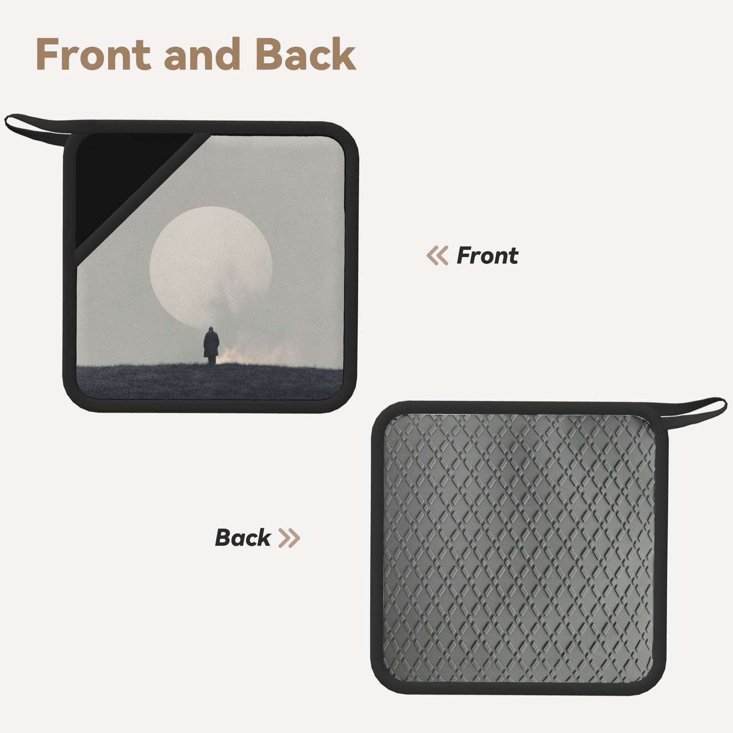 2-Pack Minimalist Thoughtful Heat-Resistant Pads | Lone Figure Under Moon Print | 7.1x7.1in Artistic Square Non-Slip Kitchen Mats