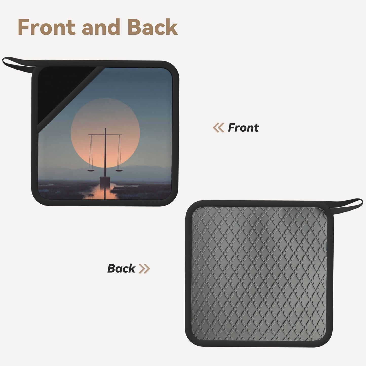2-Pack Philosophical Balance Heat-Resistant Pads | Sunset and Scale Illustration | 7.1x7.1in Minimalist Square Kitchen & Tabletop Mats