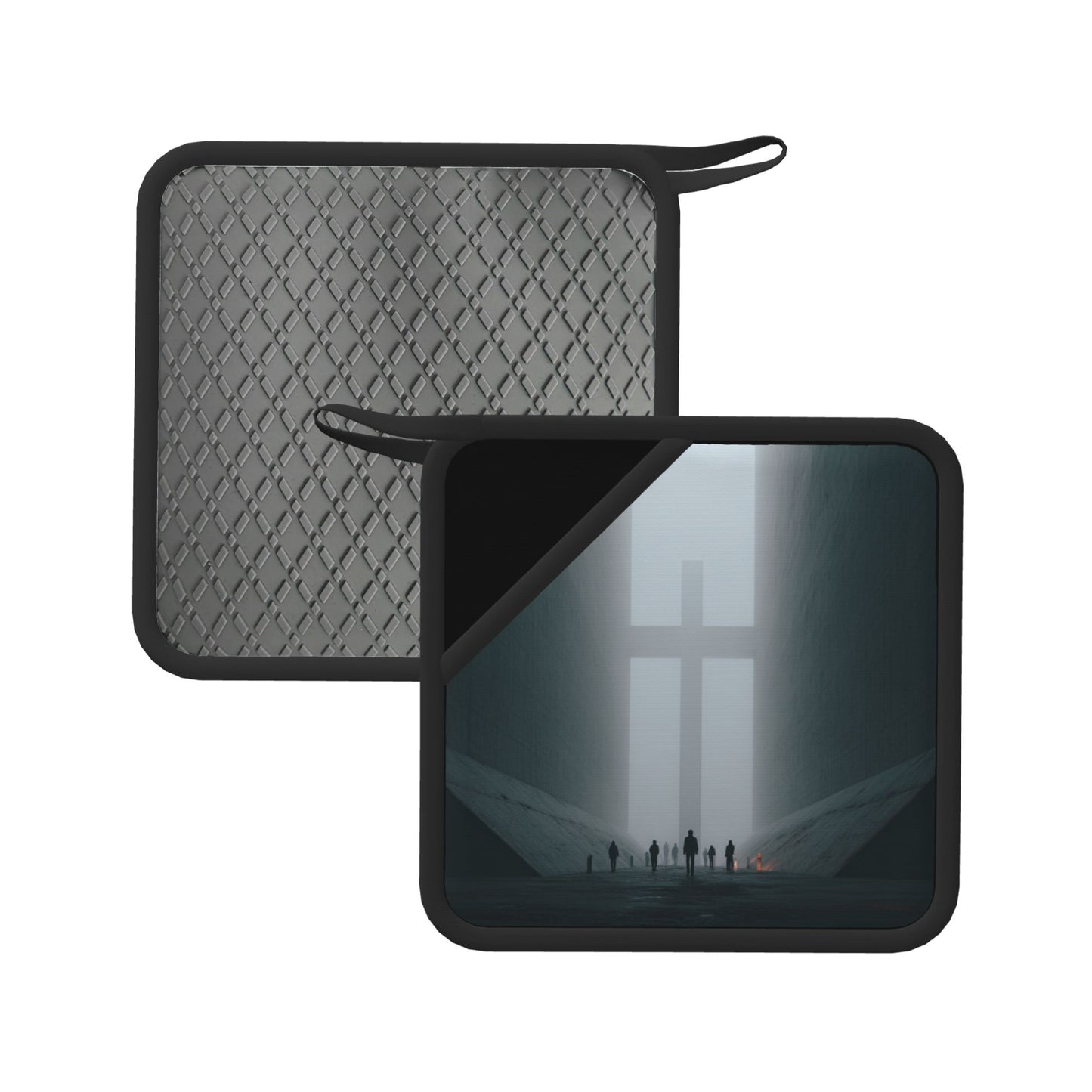 2-Pack Monumental Silence Heat-Resistant Pads | Fog-Cross Structure with Silhouetted Figures | 7.1x7.1in Minimalist Symbolic Art Kitchen & Table Mats