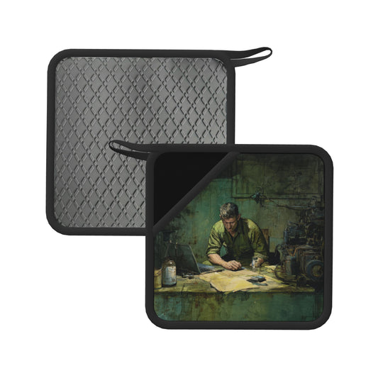 2-Pack Industrial Style Heat-Resistant Square Pads | Vintage Engineer Workshop Design | 7.1x7.1in Non-Slip Kitchen Insulation Mats