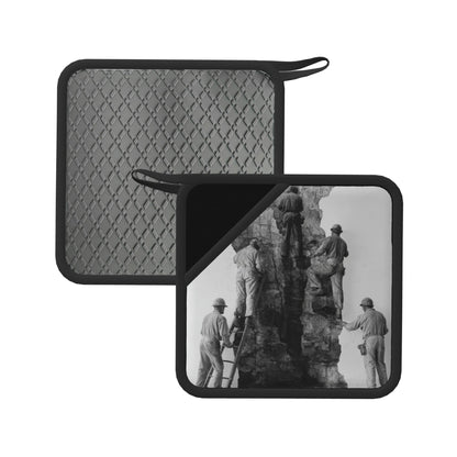 2-Pack Industrial Documentary Style Heat-Resistant Pads | Black & White Workers Climbing Scene Print | 7.1x7.1in Non-Slip Kitchen Counter Mats