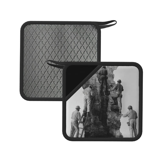 2-Pack Industrial Documentary Style Heat-Resistant Pads | Black & White Workers Climbing Scene Print | 7.1x7.1in Non-Slip Kitchen Counter Mats