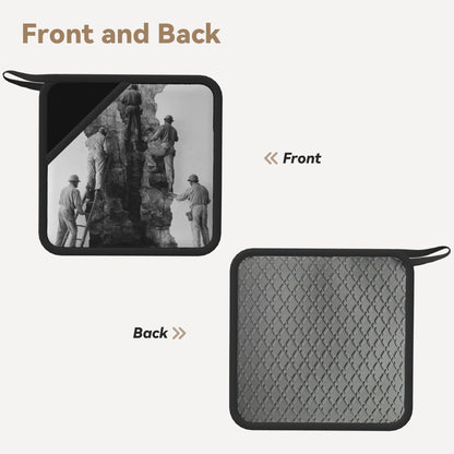 2-Pack Industrial Documentary Style Heat-Resistant Pads | Black & White Workers Climbing Scene Print | 7.1x7.1in Non-Slip Kitchen Counter Mats