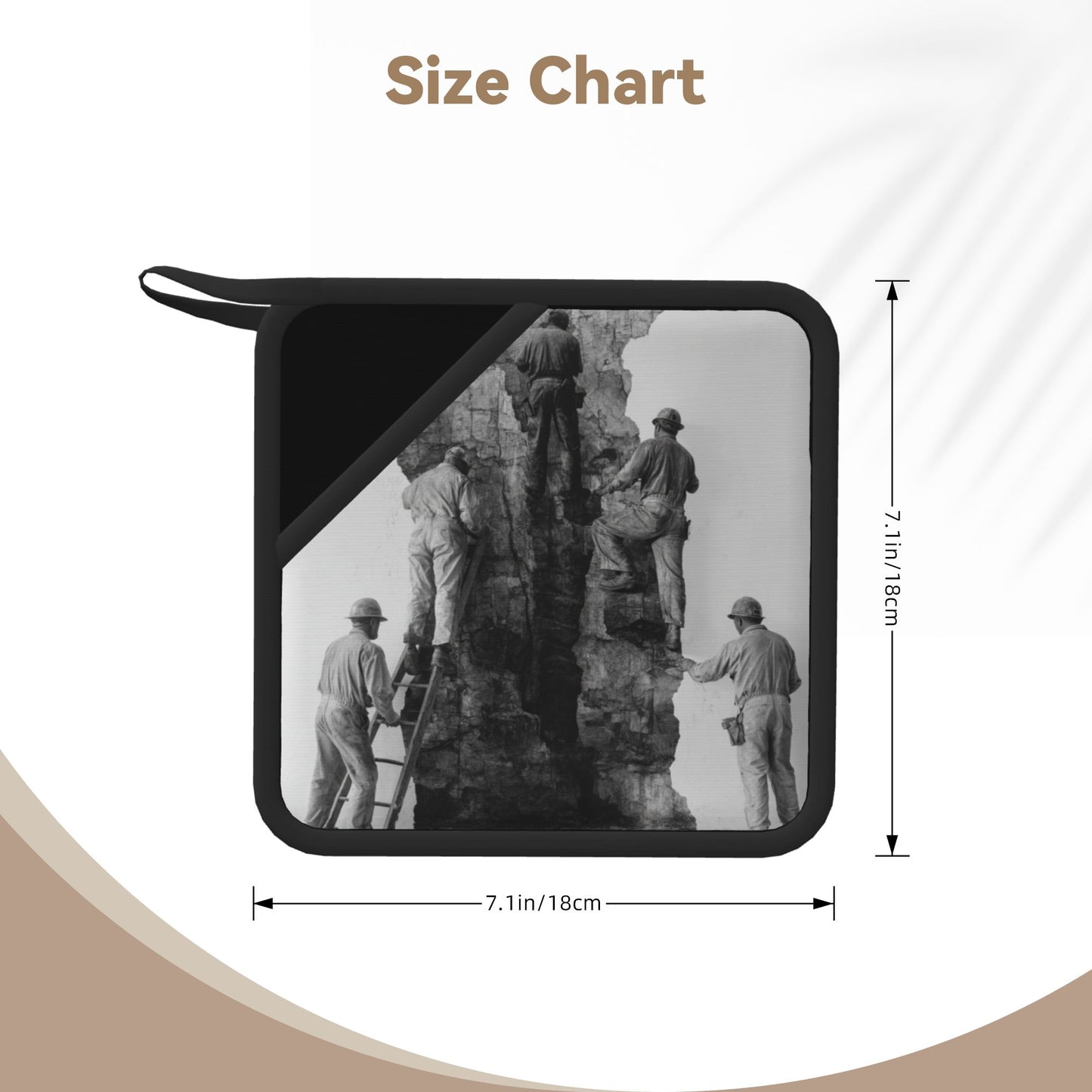 2-Pack Industrial Documentary Style Heat-Resistant Pads | Black & White Workers Climbing Scene Print | 7.1x7.1in Non-Slip Kitchen Counter Mats