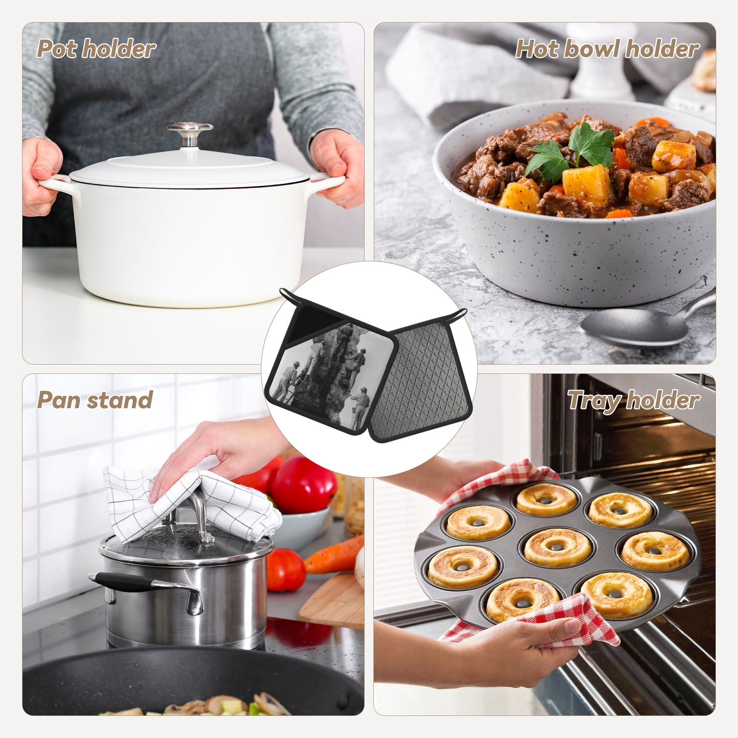 2-Pack Industrial Documentary Style Heat-Resistant Pads | Black & White Workers Climbing Scene Print | 7.1x7.1in Non-Slip Kitchen Counter Mats