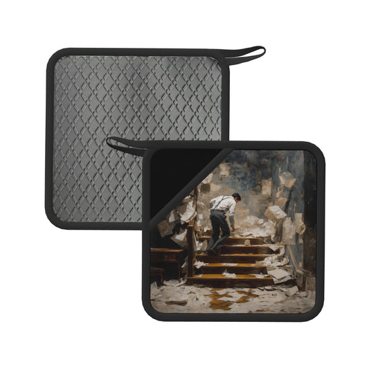 2-Pack Artistic Literary Heat-Resistant Pads | Man on Staircase with Flying Papers Print | 7.1x7.1in Square Non-Slip Kitchen & Desk Mats