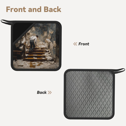 2-Pack Artistic Literary Heat-Resistant Pads | Man on Staircase with Flying Papers Print | 7.1x7.1in Square Non-Slip Kitchen & Desk Mats