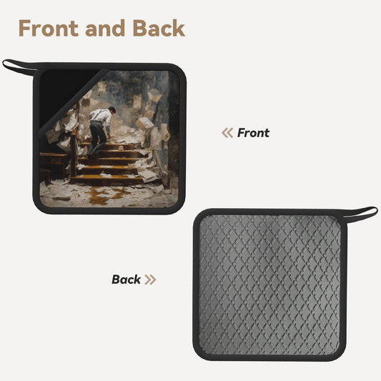 2-Pack Artistic Literary Heat-Resistant Pads | Man on Staircase with Flying Papers Print | 7.1x7.1in Square Non-Slip Kitchen & Desk Mats