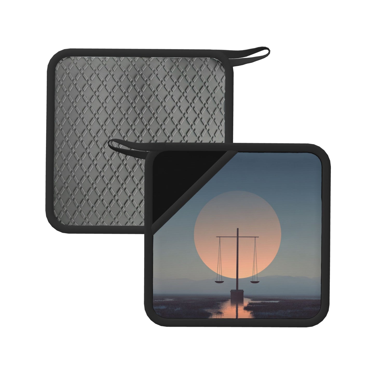 2-Pack Philosophical Balance Heat-Resistant Pads | Sunset and Scale Illustration | 7.1x7.1in Minimalist Square Kitchen & Tabletop Mats