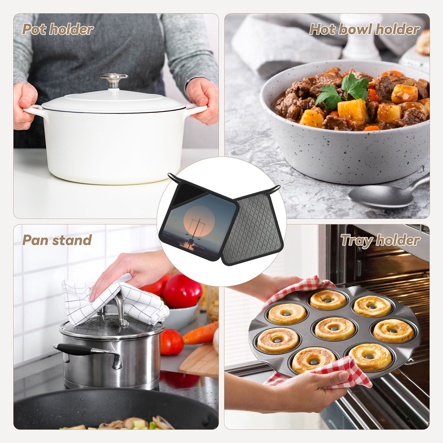 2-Pack Philosophical Balance Heat-Resistant Pads | Sunset and Scale Illustration | 7.1x7.1in Minimalist Square Kitchen & Tabletop Mats