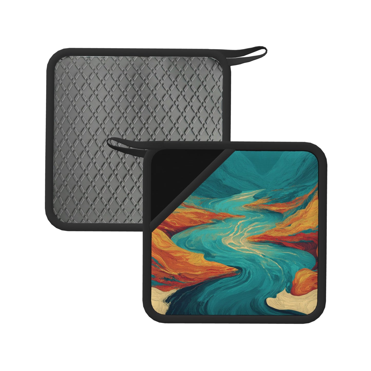 2-Pack Abstract Canyon Art Heat-Resistant Pads | Colorful Terrain & Blue River Painting Print | 7.1x7.1in Artistic Square Kitchen & Table Mats