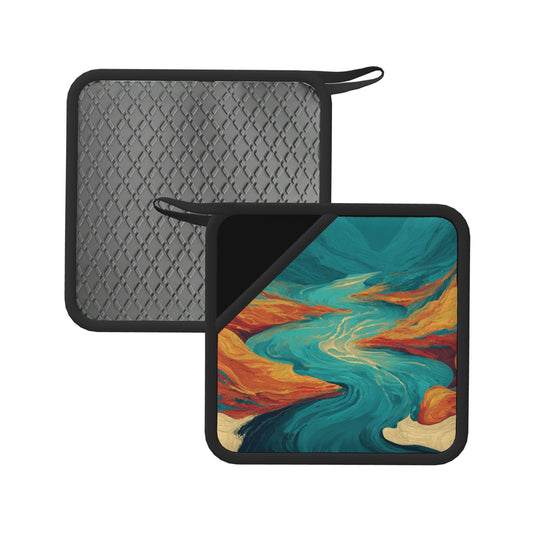 2-Pack Abstract Canyon Art Heat-Resistant Pads | Colorful Terrain & Blue River Painting Print | 7.1x7.1in Artistic Square Kitchen & Table Mats