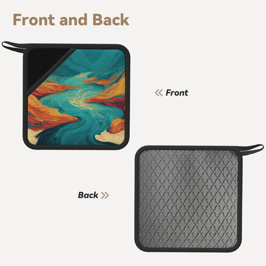 2-Pack Abstract Canyon Art Heat-Resistant Pads | Colorful Terrain & Blue River Painting Print | 7.1x7.1in Artistic Square Kitchen & Table Mats
