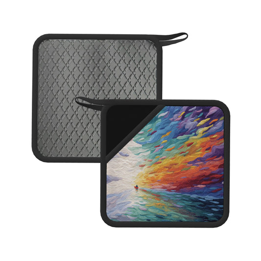 2-Pack Impressionist Style Heat-Resistant Pads | Colorful Sky & Solo Boat Painting Print | 7.1x7.1in Artistic Square Kitchen & Tabletop Mats