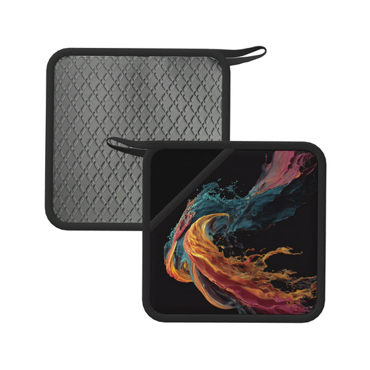 2-Pack Color Explosion Fluid Art Heat-Resistant Pads | Vivid Swirling Splash on Black | 7.1x7.1in Artistic Square Non-Slip Kitchen & Table Mats