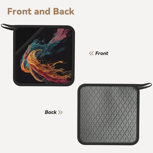 2-Pack Color Explosion Fluid Art Heat-Resistant Pads | Vivid Swirling Splash on Black | 7.1x7.1in Artistic Square Non-Slip Kitchen & Table Mats