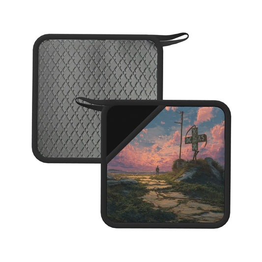 2-Pack Retro Roadside Heat-Resistant Pads | Texas Sign & Lone Traveler Illustration | 7.1x7.1in Vintage Square Non-Slip Kitchen & Table Mats