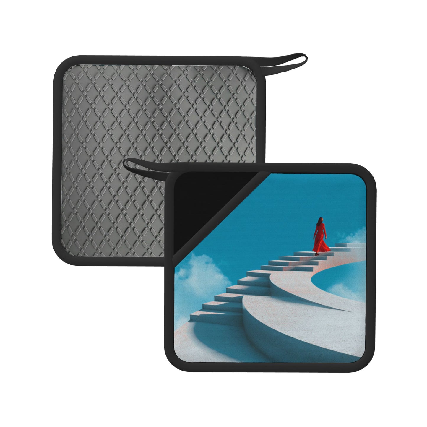 2-Pack Dreamlike Staircase Heat-Resistant Pads | Surreal Spiral Steps with Lady in Red | 7.1x7.1in Artistic Non-Slip Square Kitchen & Tabletop Mats
