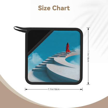 2-Pack Dreamlike Staircase Heat-Resistant Pads | Surreal Spiral Steps with Lady in Red | 7.1x7.1in Artistic Non-Slip Square Kitchen & Tabletop Mats