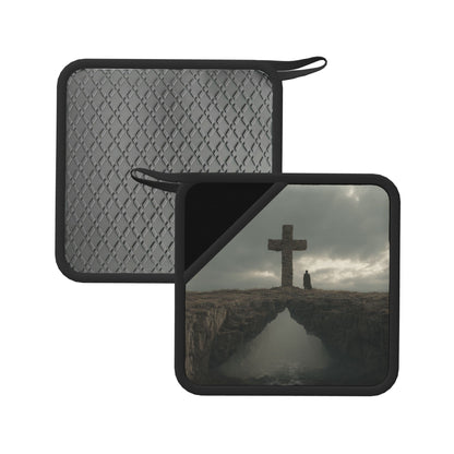 2-Pack Contemplative Cross Scene Heat-Resistant Pads | Lone Figure & Monument on Cliff | 7.1x7.1in Minimalist Symbolic Art Kitchen & Table Mats