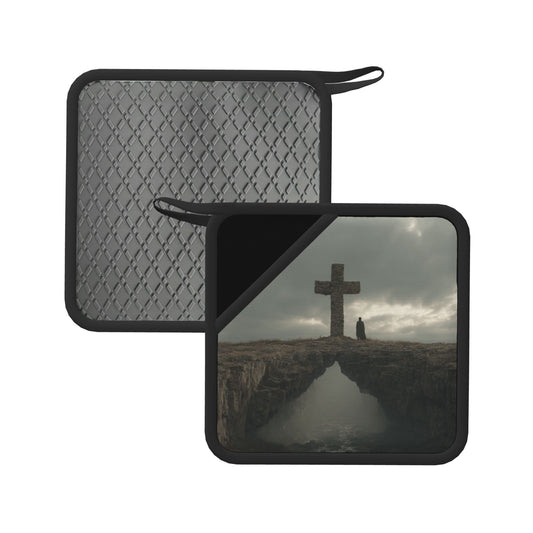 2-Pack Contemplative Cross Scene Heat-Resistant Pads | Lone Figure & Monument on Cliff | 7.1x7.1in Minimalist Symbolic Art Kitchen & Table Mats