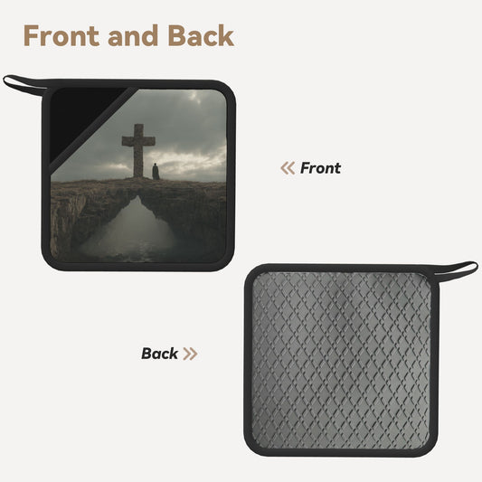 2-Pack Contemplative Cross Scene Heat-Resistant Pads | Lone Figure & Monument on Cliff | 7.1x7.1in Minimalist Symbolic Art Kitchen & Table Mats