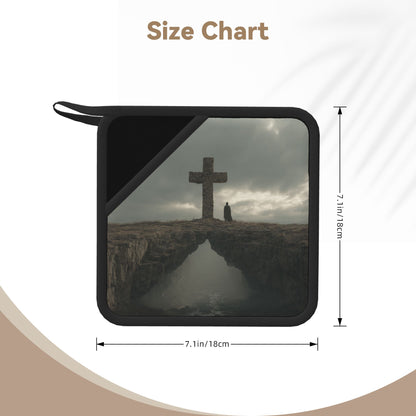 2-Pack Contemplative Cross Scene Heat-Resistant Pads | Lone Figure & Monument on Cliff | 7.1x7.1in Minimalist Symbolic Art Kitchen & Table Mats