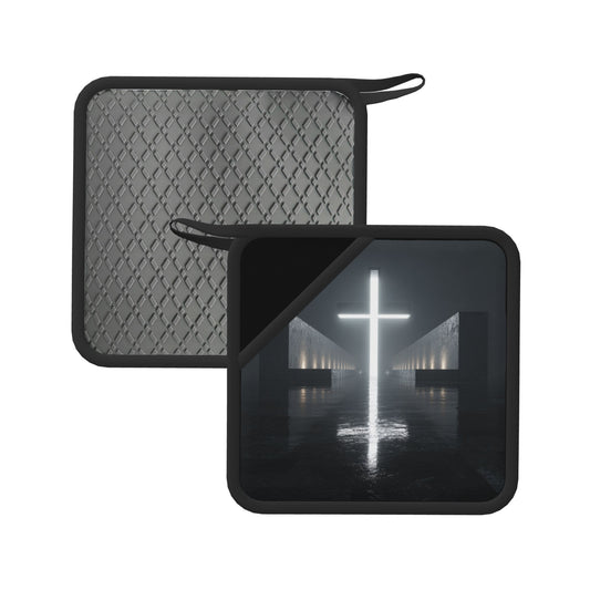2-Pack Minimalist Crosslight Heat-Resistant Pads | Luminous Cross in Symmetrical Dark Space | 7.1x7.1in Modern Symbolic Kitchen & Tabletop Mats