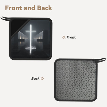 2-Pack Minimalist Crosslight Heat-Resistant Pads | Luminous Cross in Symmetrical Dark Space | 7.1x7.1in Modern Symbolic Kitchen & Tabletop Mats