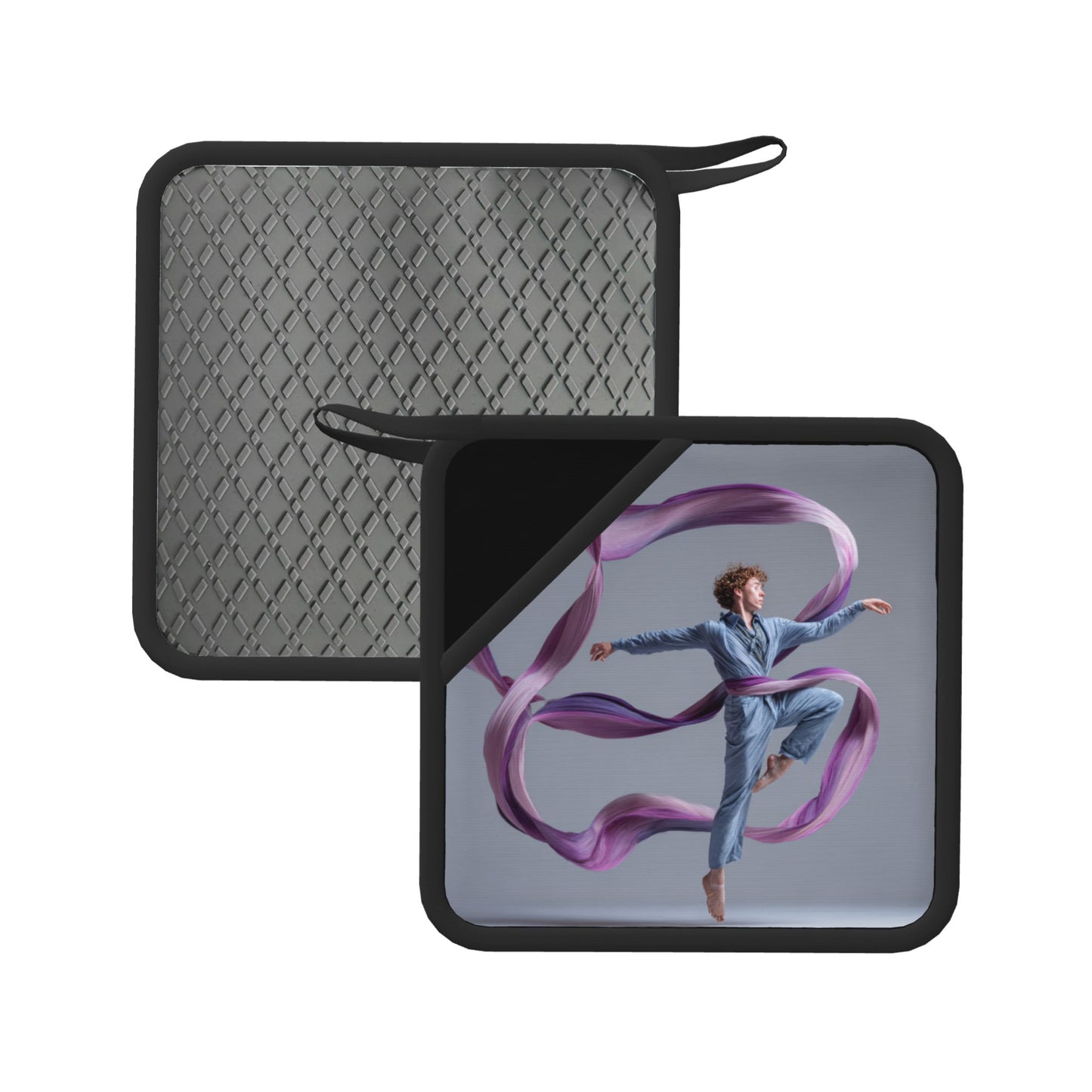 2-Pack Dance Movement Heat-Resistant Pads | Flowing Ribbon & Blue-Clad Dancer Illustration | 7.1x7.1in Artistic Square Non-Slip Kitchen & Table Mats