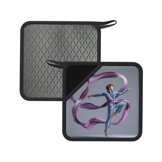 2-Pack Dance Movement Heat-Resistant Pads | Flowing Ribbon & Blue-Clad Dancer Illustration | 7.1x7.1in Artistic Square Non-Slip Kitchen & Table Mats
