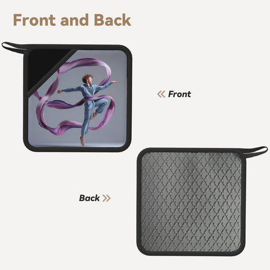 2-Pack Dance Movement Heat-Resistant Pads | Flowing Ribbon & Blue-Clad Dancer Illustration | 7.1x7.1in Artistic Square Non-Slip Kitchen & Table Mats